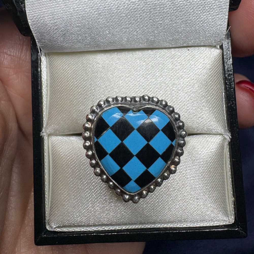 Ring Checkerboard Turquoise Onyx Design 925 Sterling Silver Heart Shaped